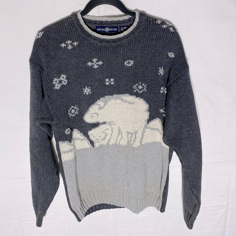 Vintage Cape Isle Knitters Grey White Polar Bear Knit Crew Neck Sweater S
